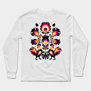 Folk composition with roosters and flowers Long Sleeve T-Shirt